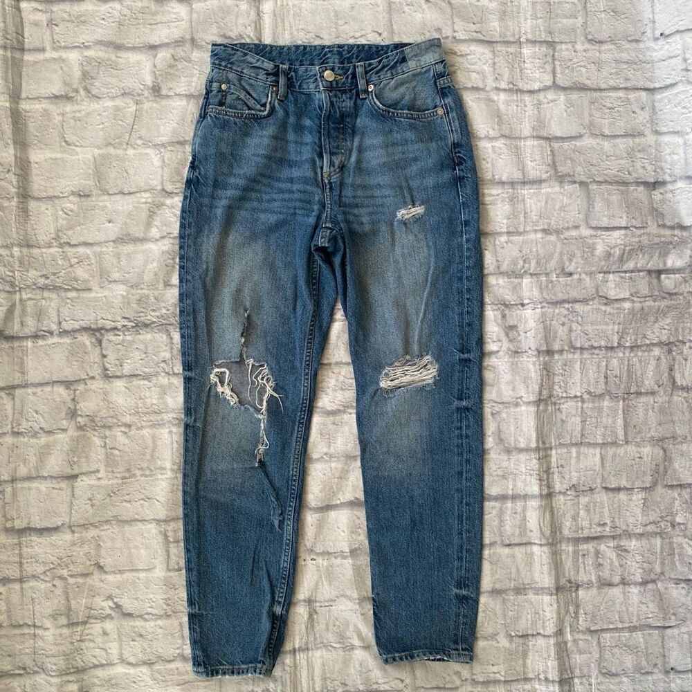 &Denim women 2 boyfriend low waist button fly ripped distressed blue jeans